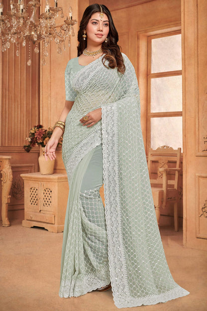 Dusty Pista Green Colour Georgette Designer Saree