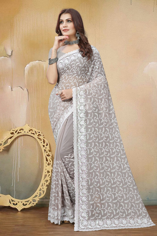 Dusty Grey Colour Georgette Saree