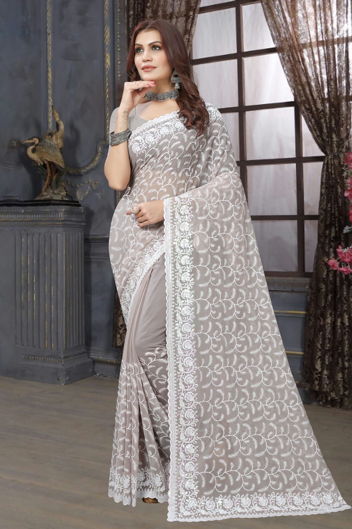 Dusty Grey Colour Georgette Saree