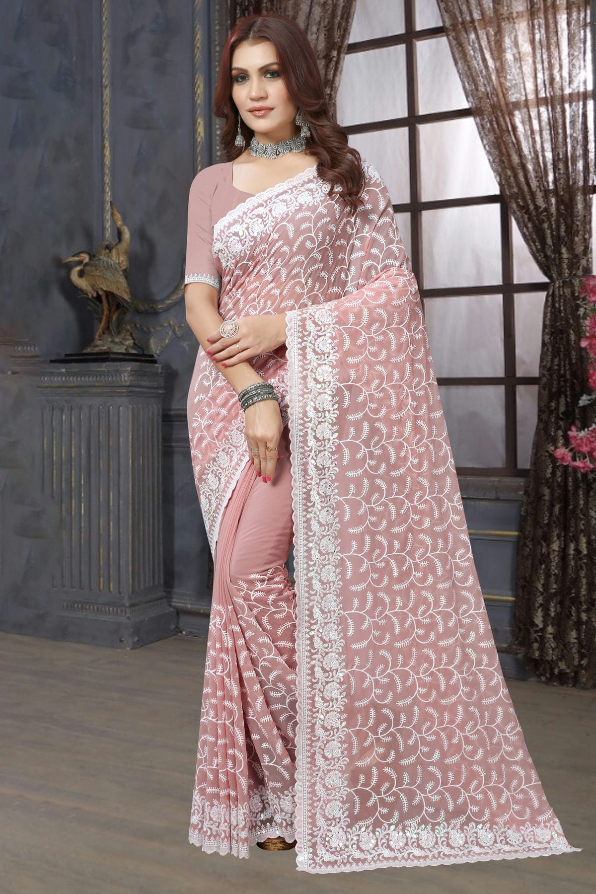 Dusty Peach Colour Georgette Saree