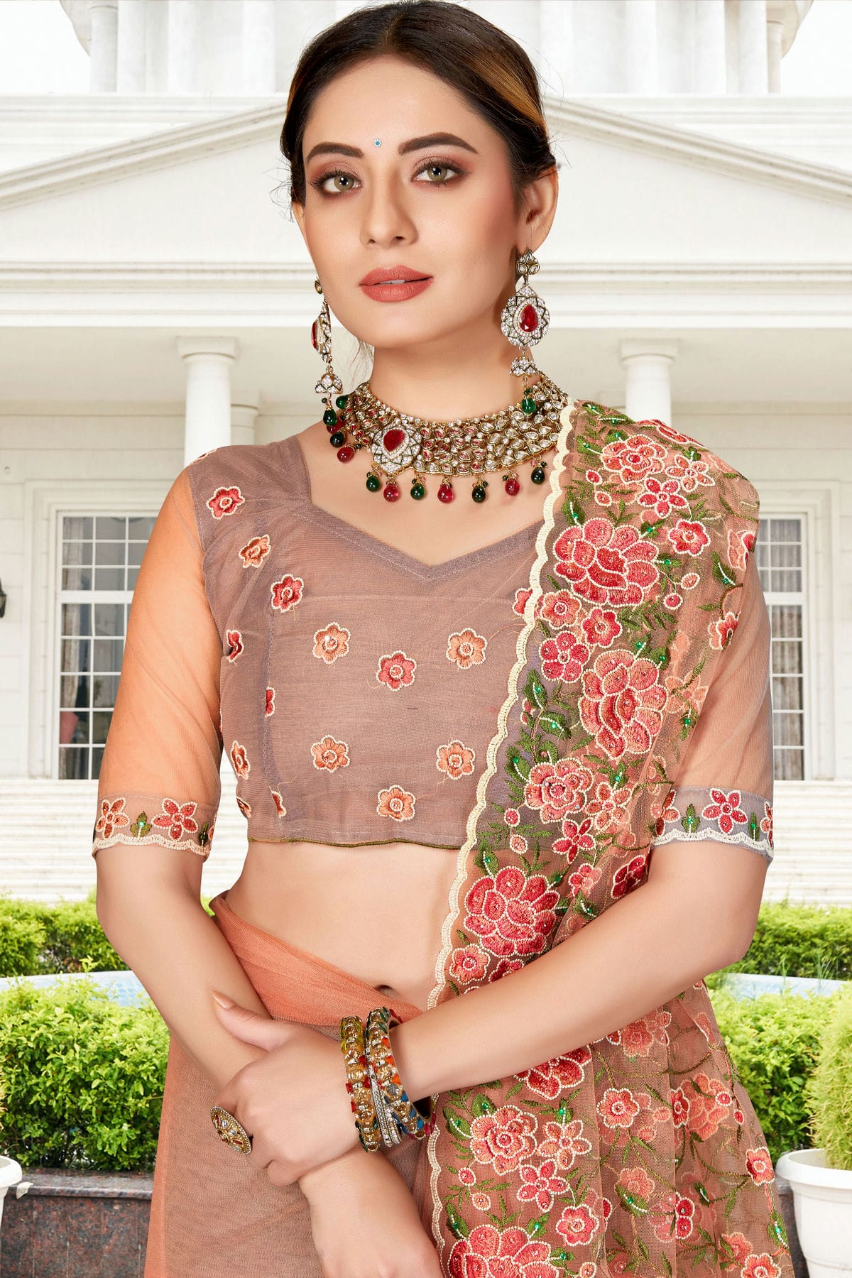 Dusty Peach Colour Net Saree