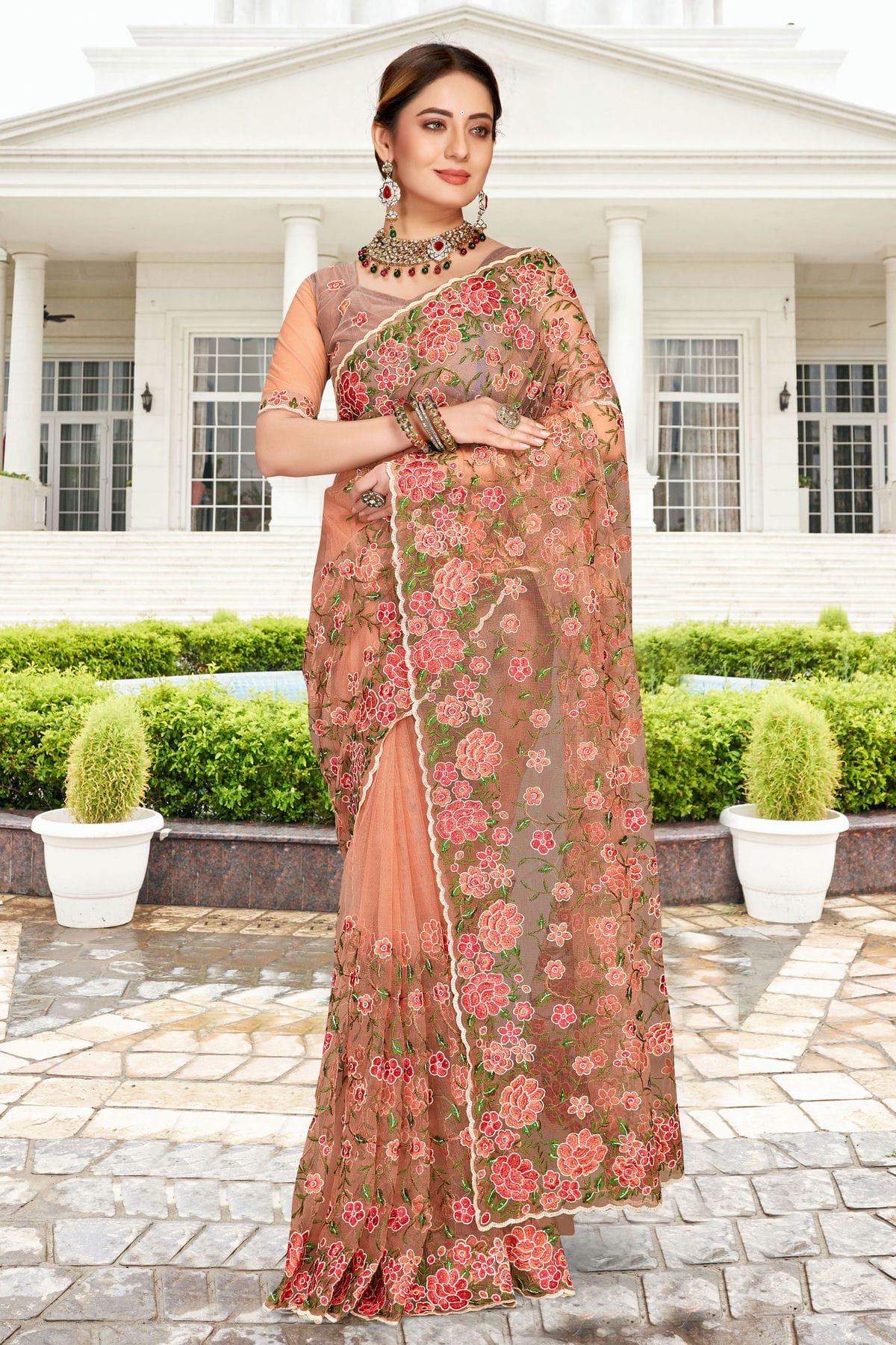 Dusty Peach Colour Net Saree