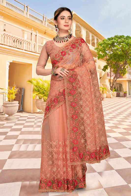 Dusty Peach Colour Net Saree