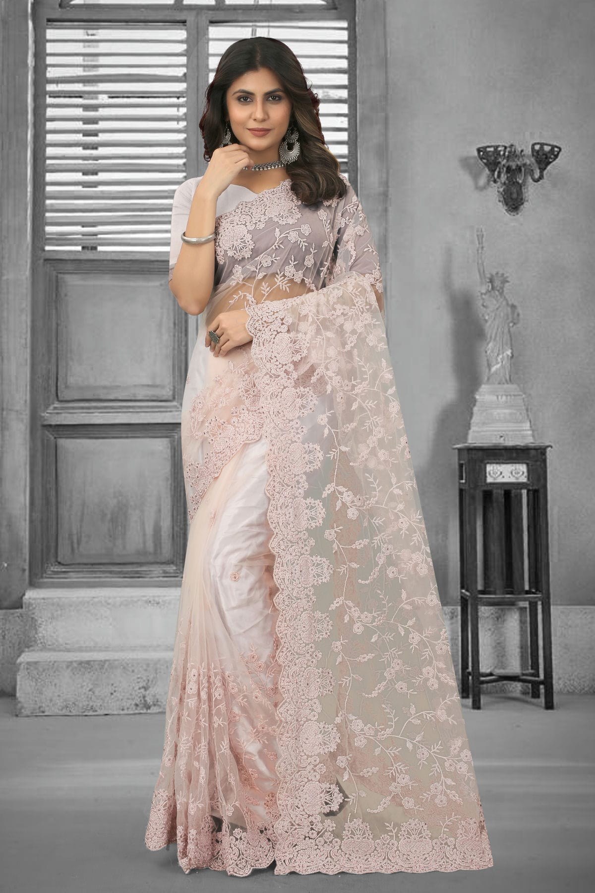 Dusty Peach Colour Net Saree