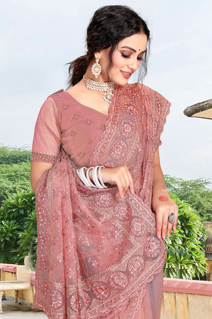 Dusty Pink Colour Net Saree