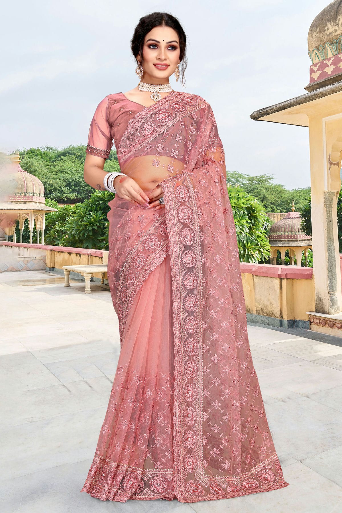 Dusty Pink Colour Net Saree