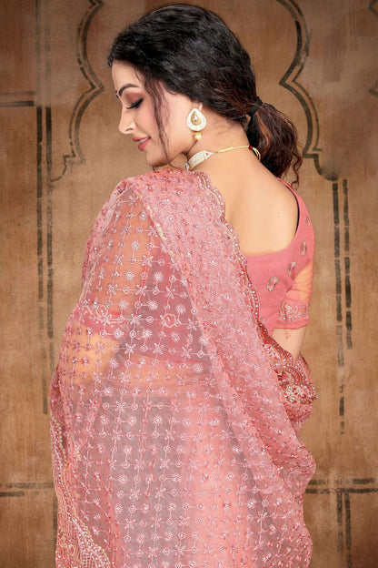 Dusty Pink Colour Net Saree