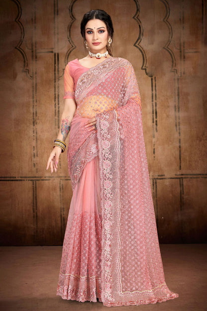 Dusty Pink Colour Net Saree