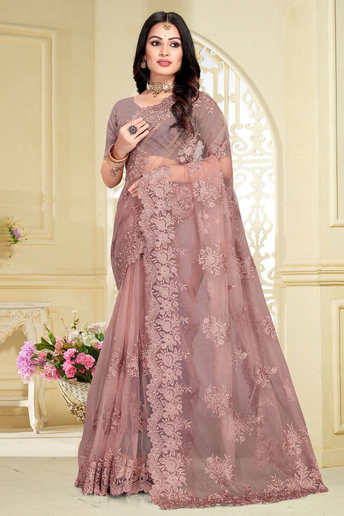 Dusty Pink Colour Net Saree