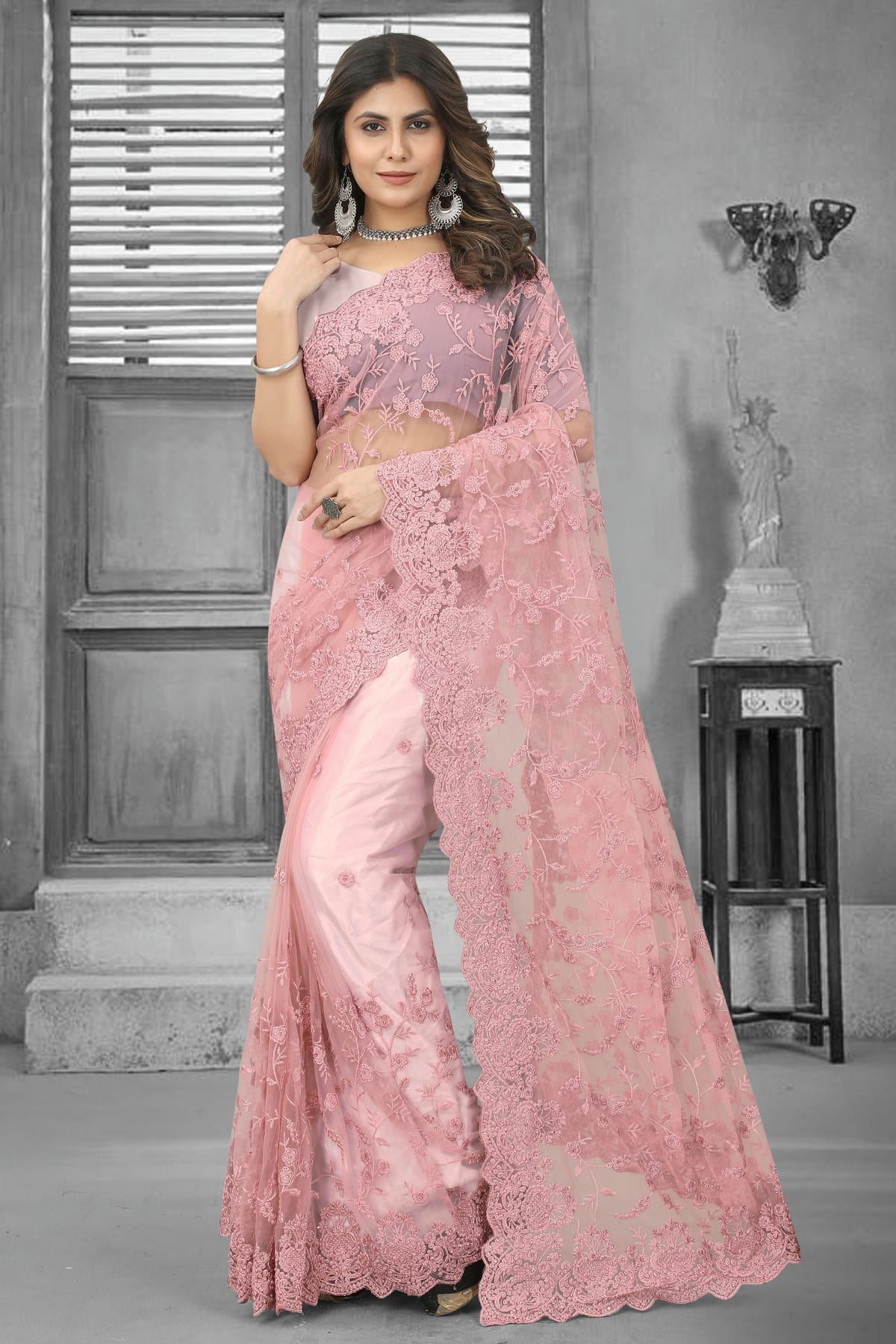 Dusty Pink Colour Net Saree