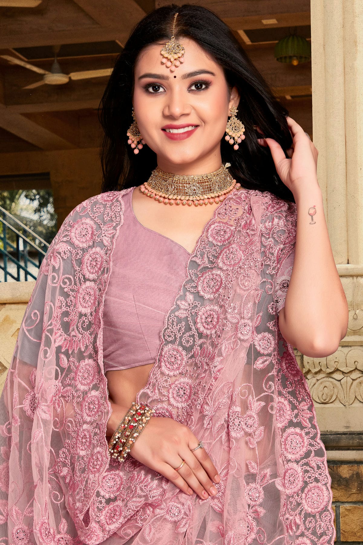 Dusty Pink Colour Net Saree