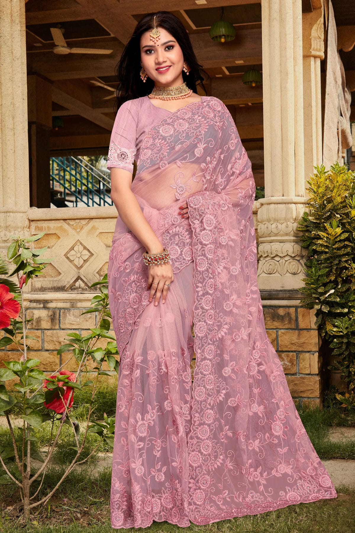 Dusty Pink Colour Net Saree