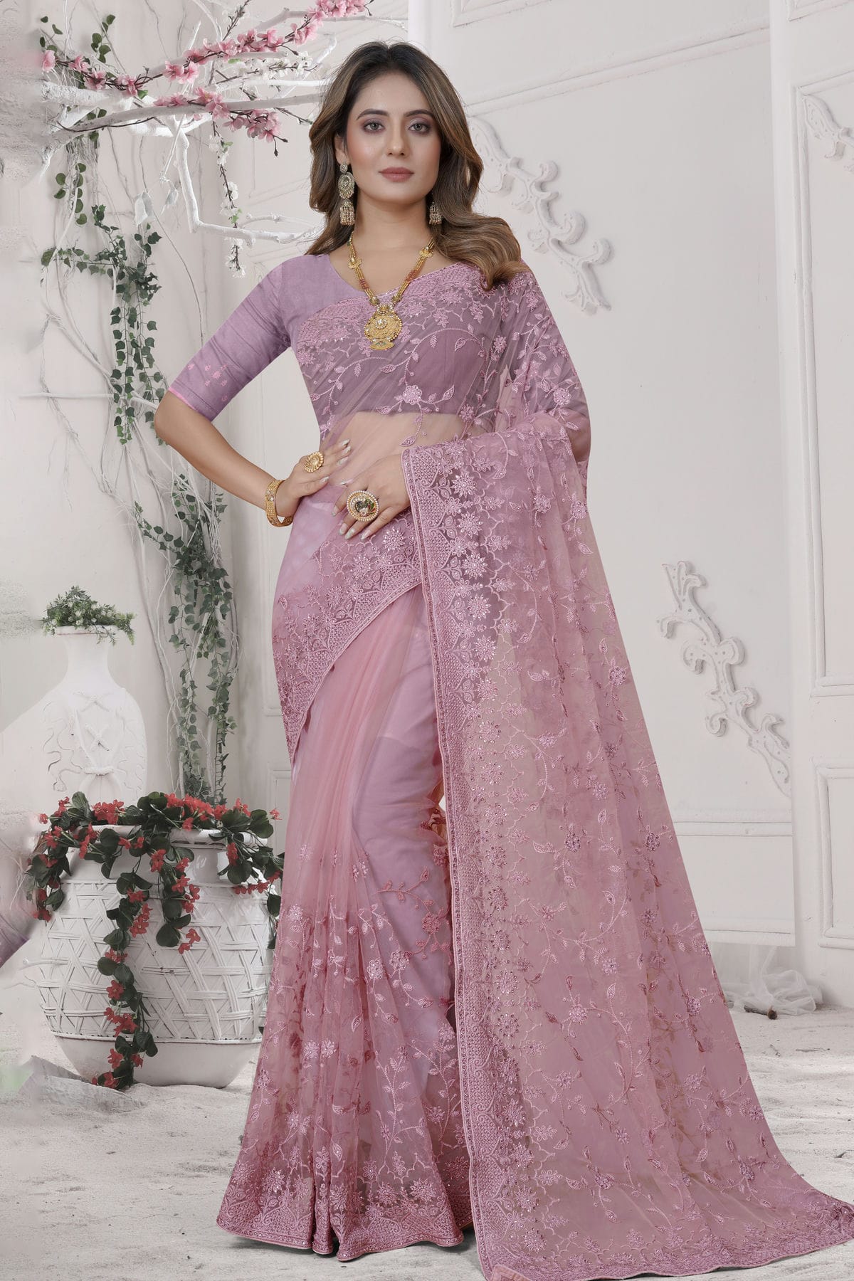 Dusty Pink Colour Net Saree