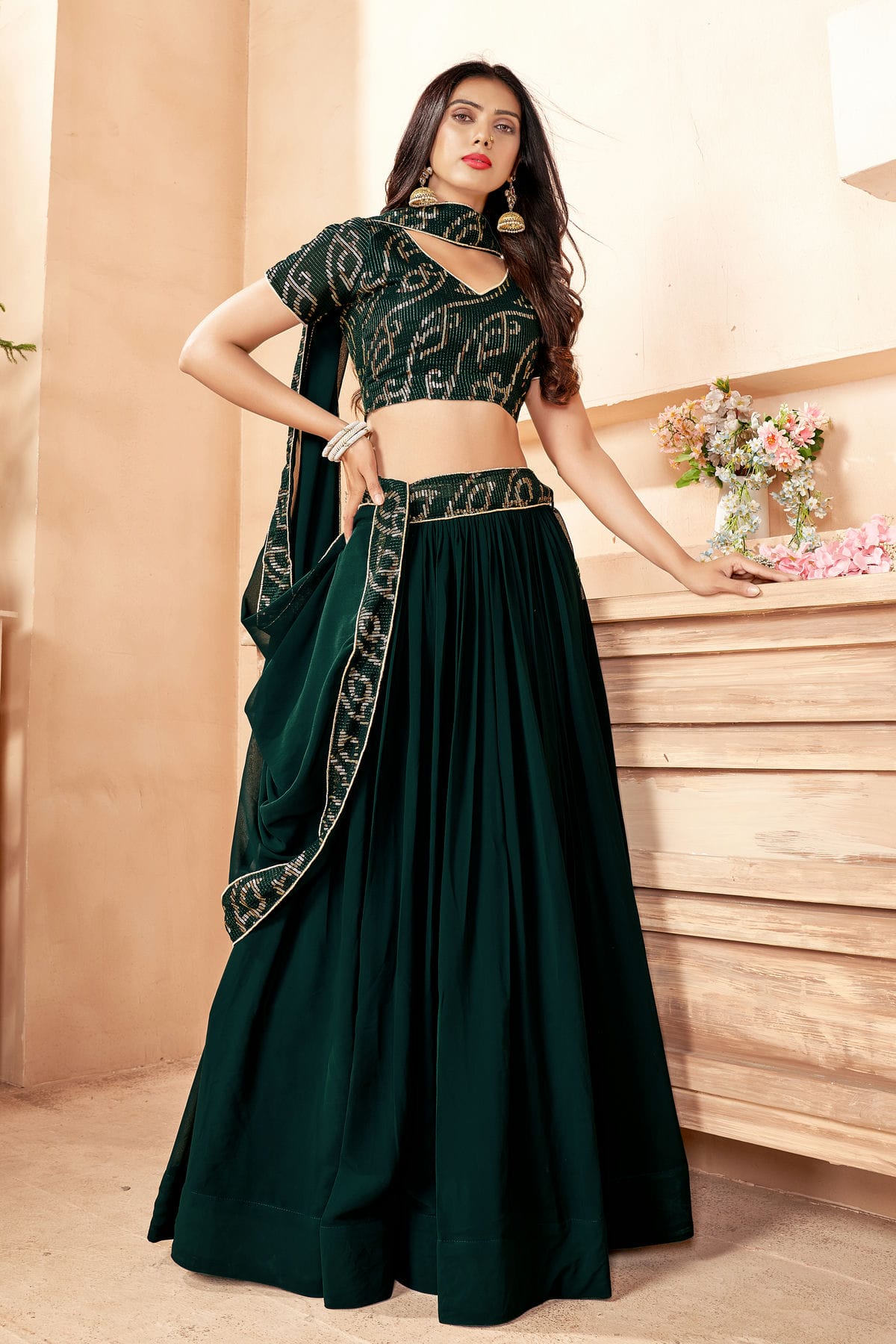 Faux Georgette Designer Lehenga Choli In Green Colour