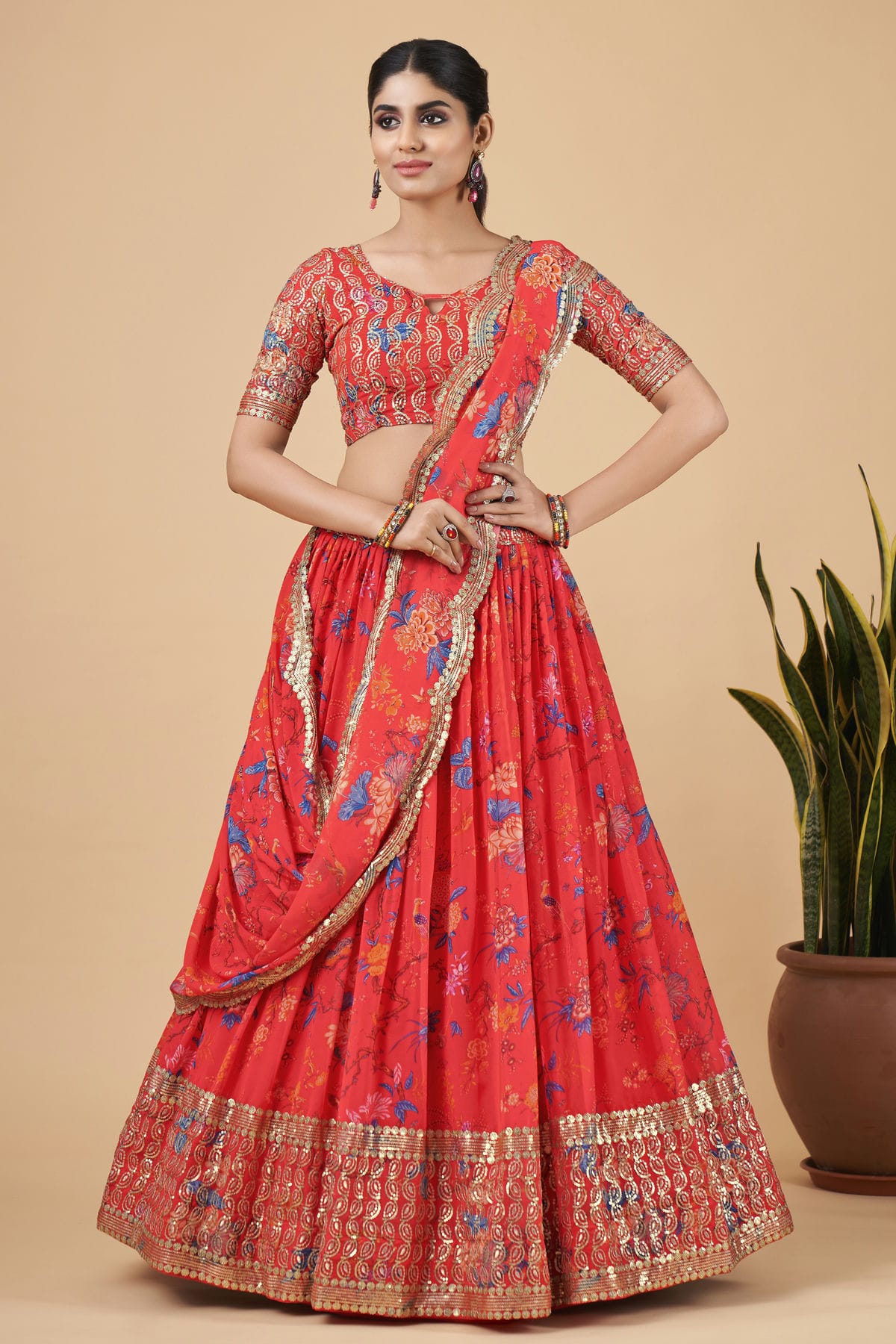 Faux Georgette Designer Lehenga Choli In Light Red Colour