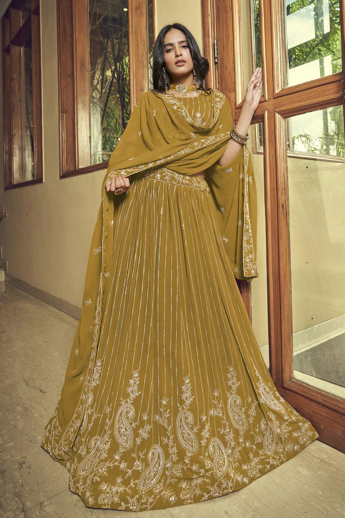 Faux Georgette Designer Lehenga Choli In Mustard Colour