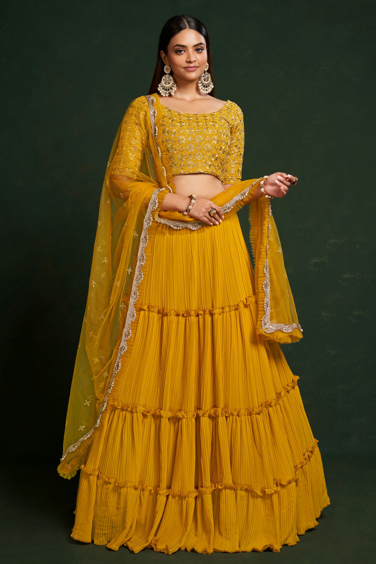 Faux Georgette Designer Lehenga Choli In Mustard Colour