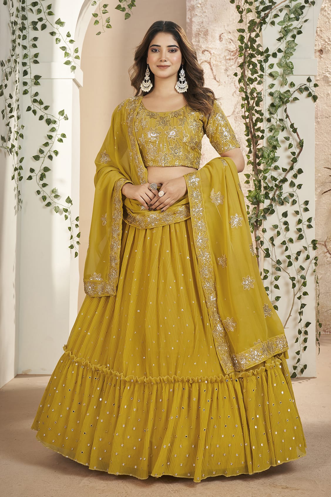 Faux Georgette Designer Lehenga Choli In Mustard Colour