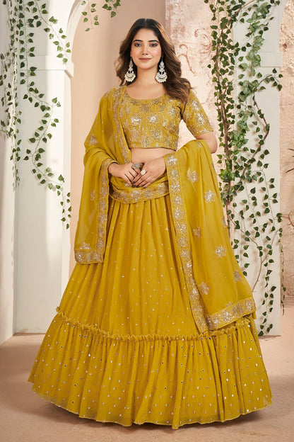 Faux Georgette Designer Lehenga Choli In Mustard Colour