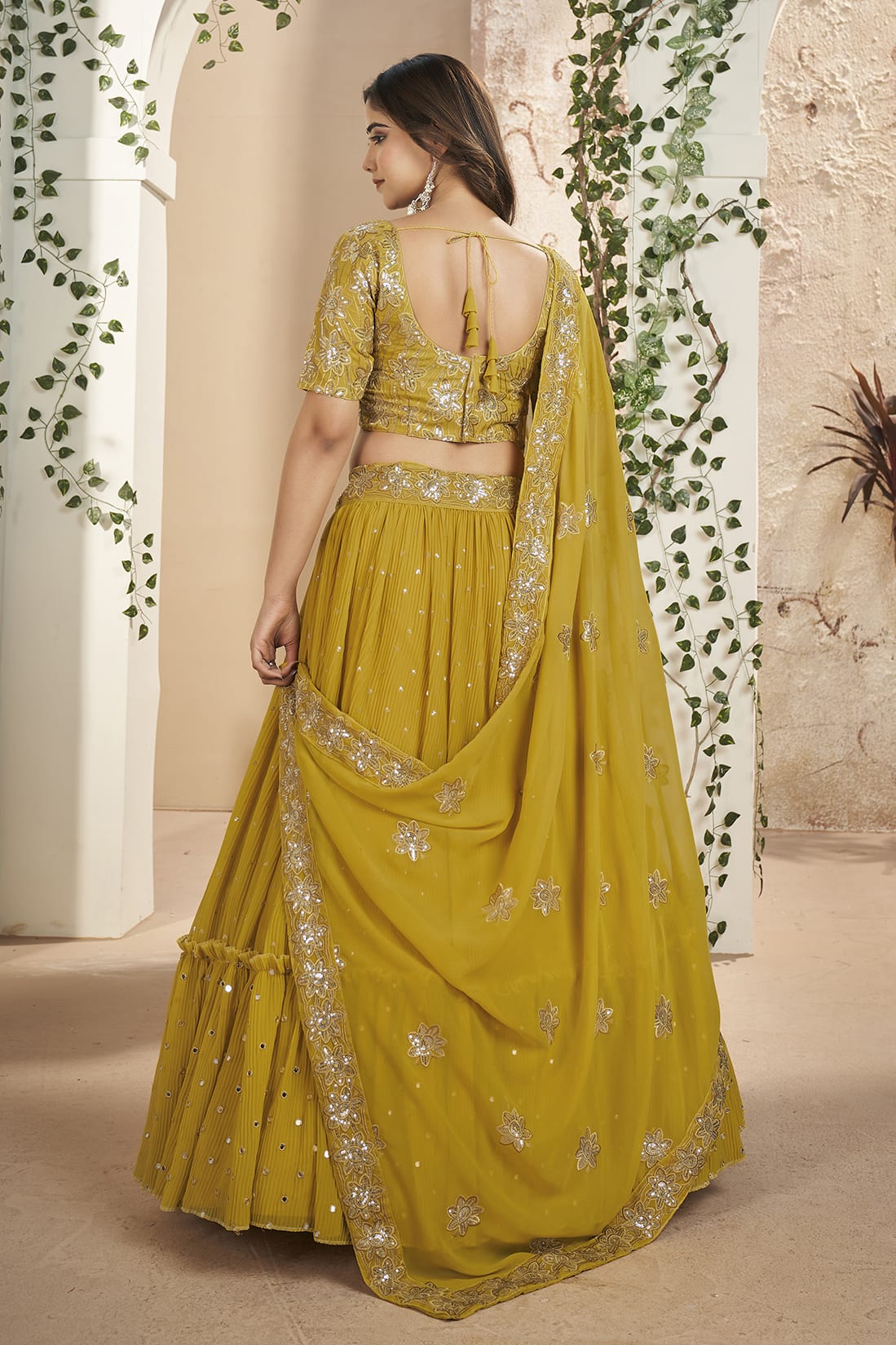 Faux Georgette Designer Lehenga Choli In Mustard Colour