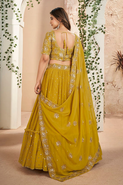 Faux Georgette Designer Lehenga Choli In Mustard Colour