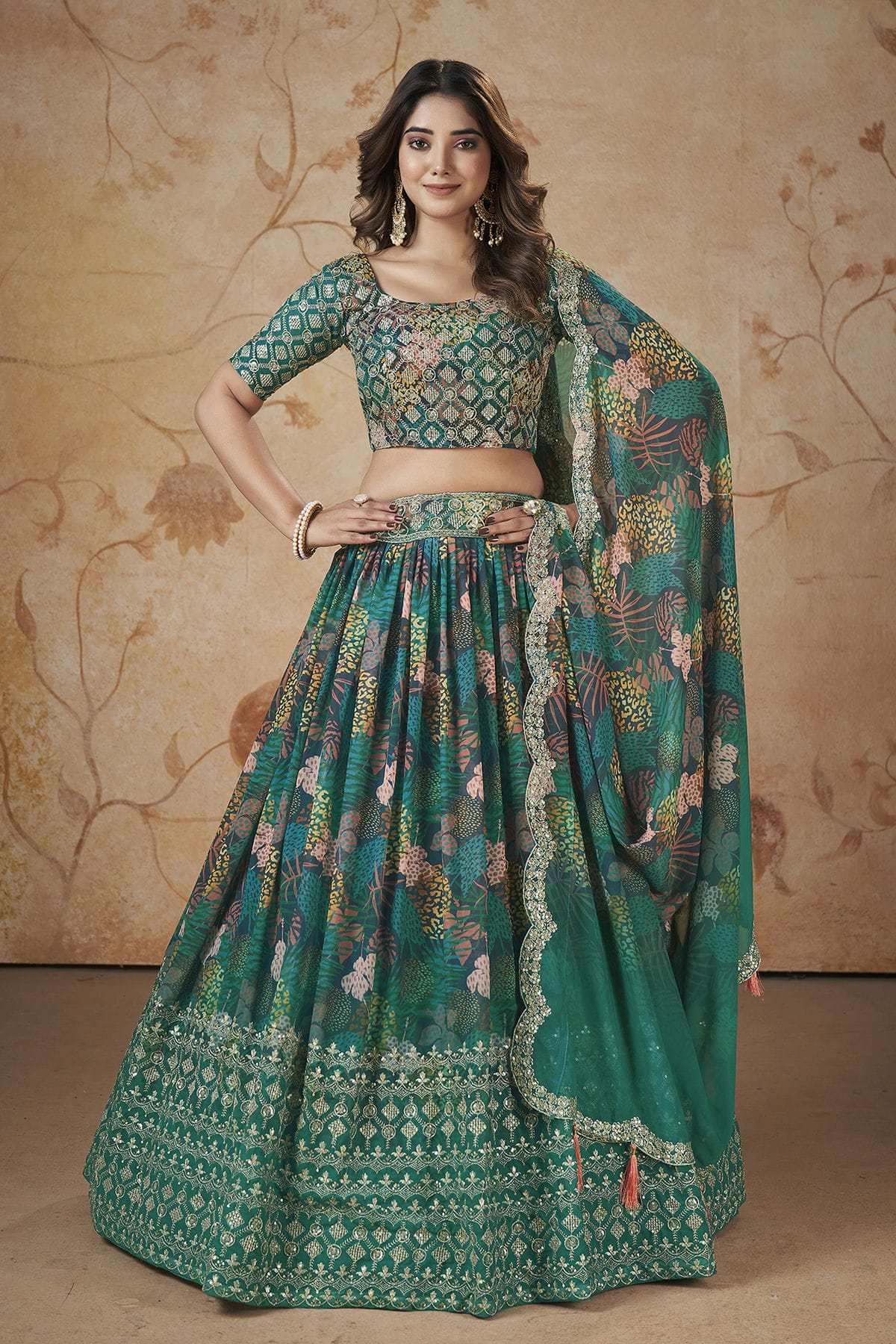 Faux Georgette Designer Lehenga Choli In Rama Green Colour