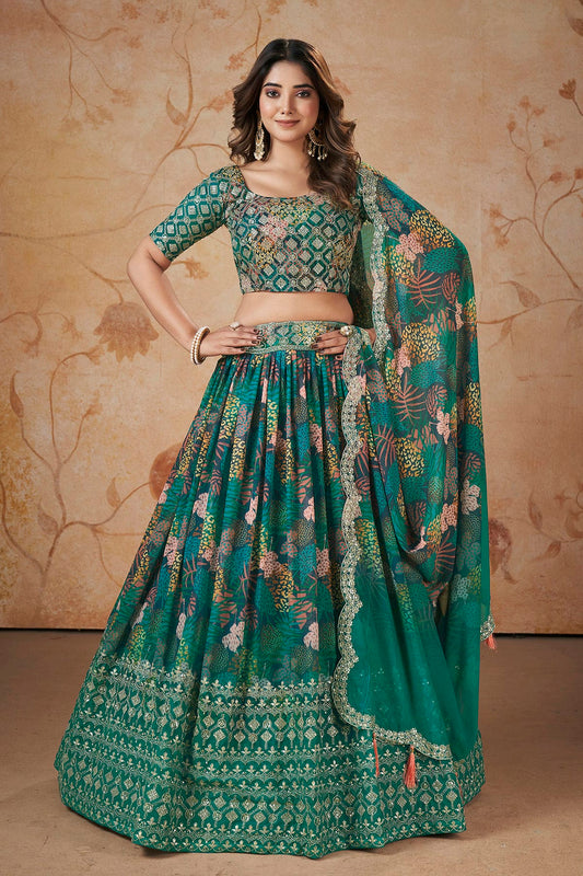 Faux Georgette Designer Lehenga Choli In Rama Green Colour