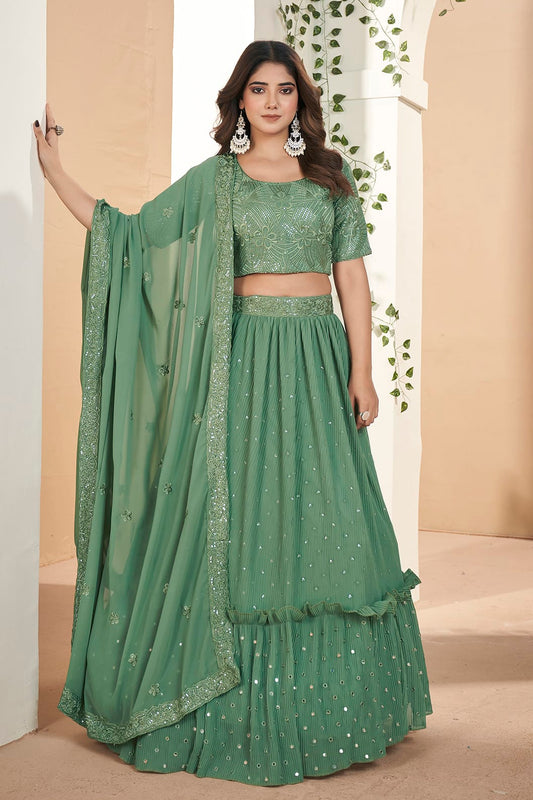 Faux Georgette Designer Lehenga Choli In Sea Green Colour