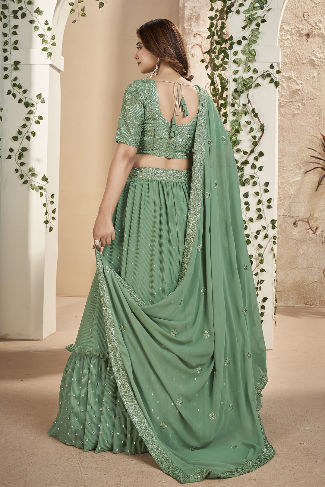 Faux Georgette Designer Lehenga Choli In Sea Green Colour