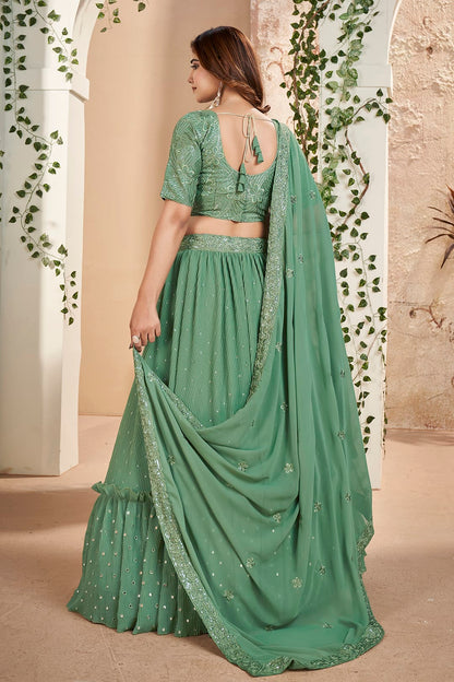 Faux Georgette Designer Lehenga Choli In Sea Green Colour