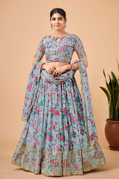 Faux Georgette Designer Lehenga Choli In Sky Blue Colour