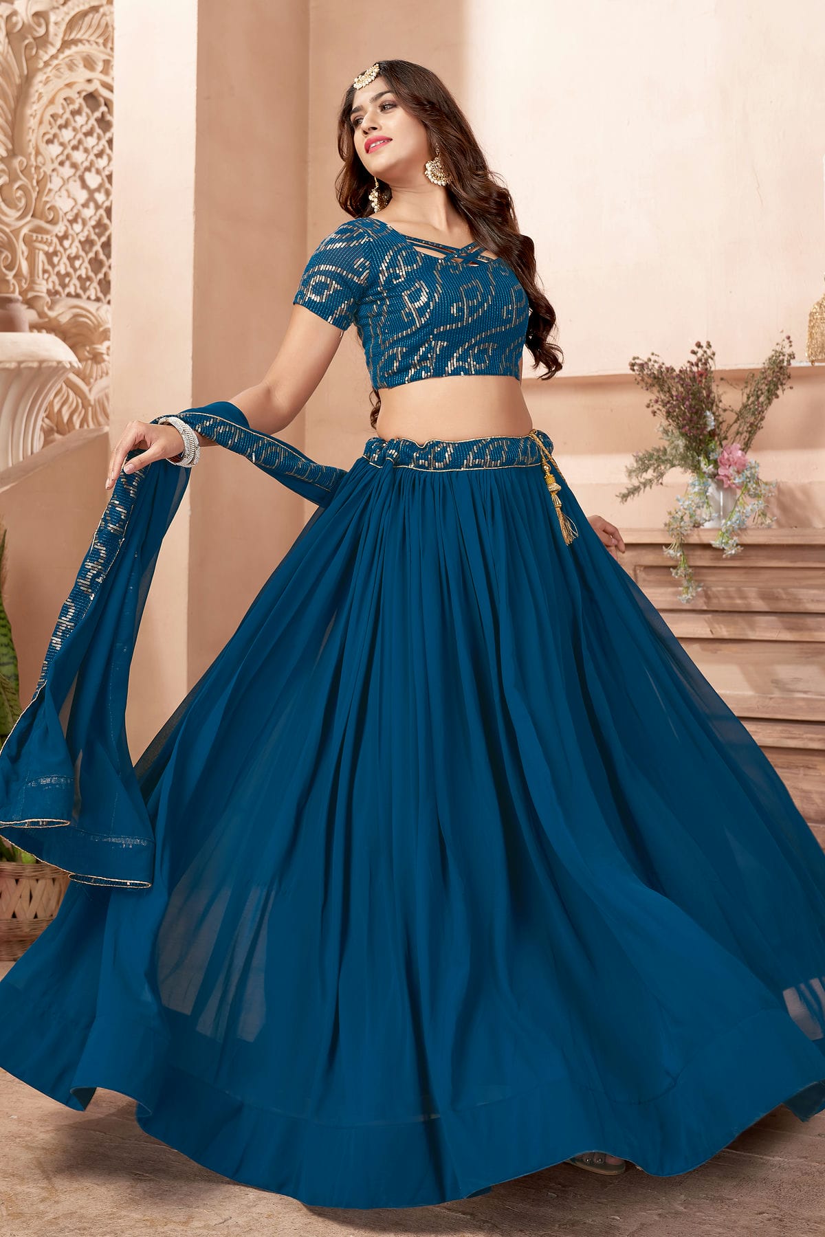 Faux Georgette Designer Lehenga Choli In Teal Blue Colour