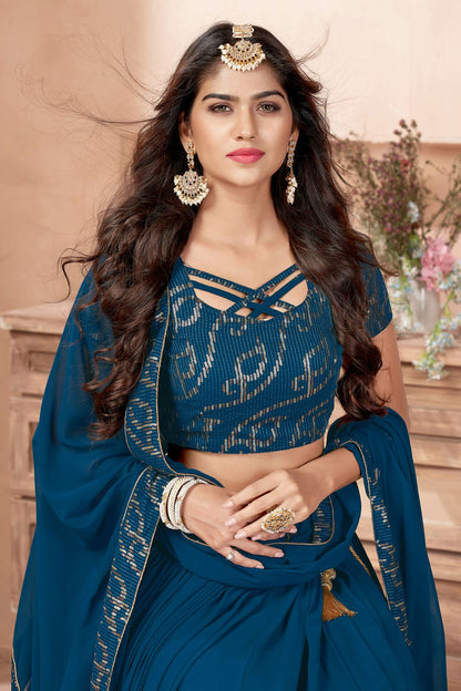 Faux Georgette Designer Lehenga Choli In Teal Blue Colour