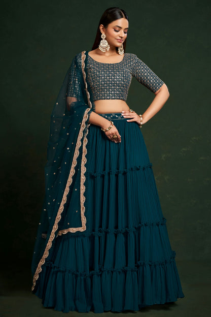 Faux Georgette Designer Lehenga Choli In Teal Blue Colour