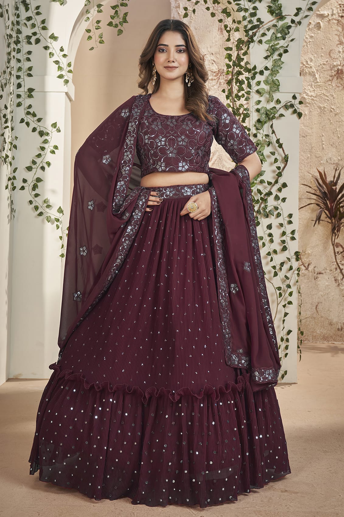 Faux Georgette Designer Lehenga Choli In Wine Colour