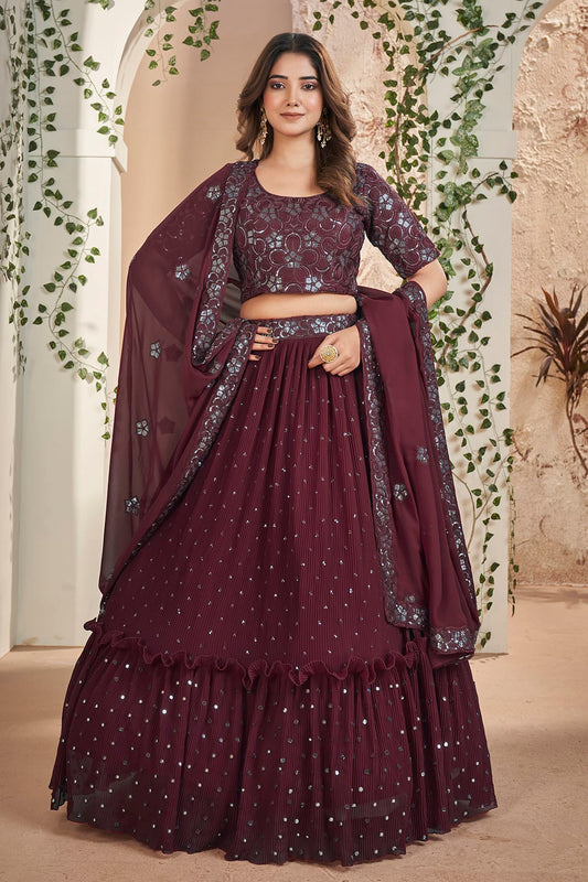 Faux Georgette Designer Lehenga Choli In Wine Colour