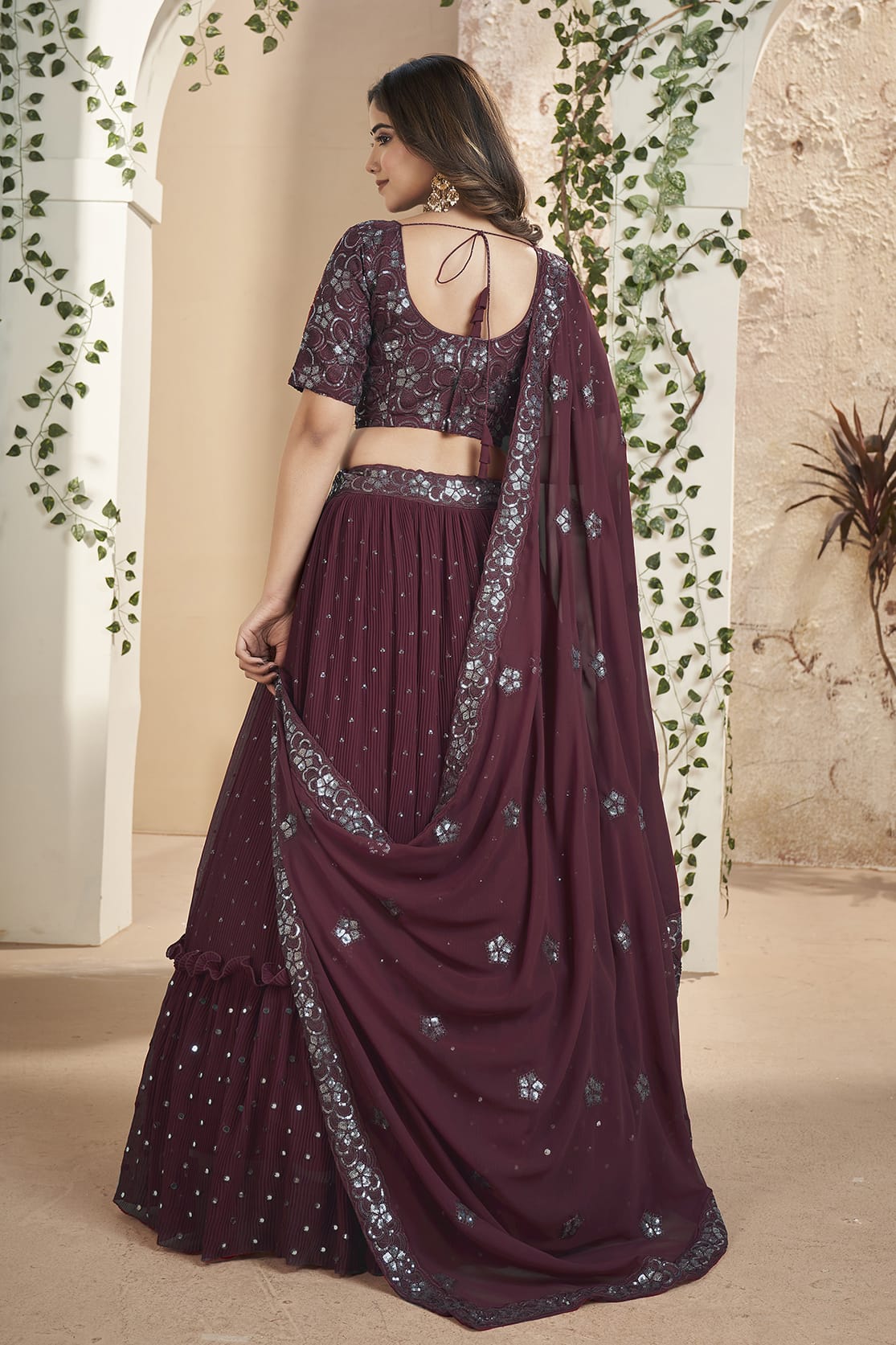 Faux Georgette Designer Lehenga Choli In Wine Colour