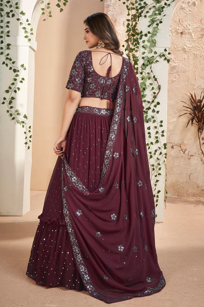 Faux Georgette Designer Lehenga Choli In Wine Colour