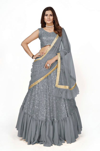 Georgette Designer Lehenga Choli In Grey Colour