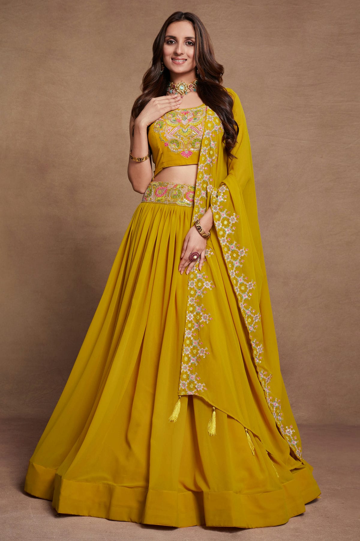 Georgette Designer Lehenga Choli In Mustard Colour