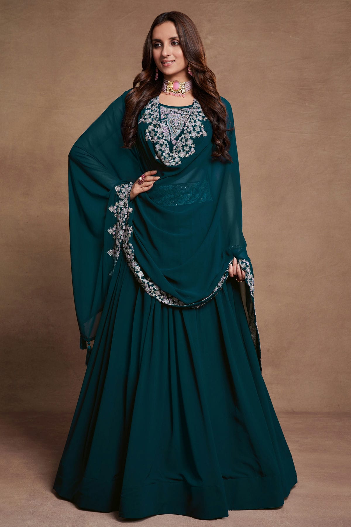 Georgette Designer Lehenga Choli In Teal Blue Colour