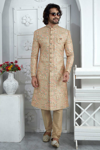 Gold Colour Art Silk Sherwani With Churidar Pant VSSH1230079