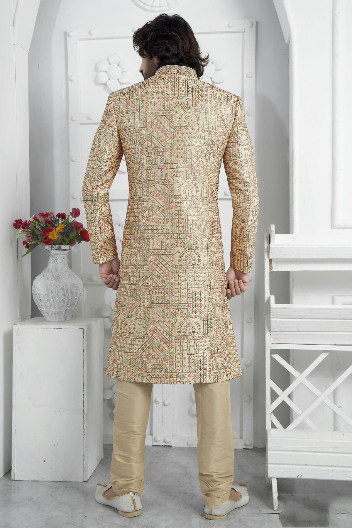 Gold Colour Art Silk Sherwani With Churidar Pant VSSH1230079