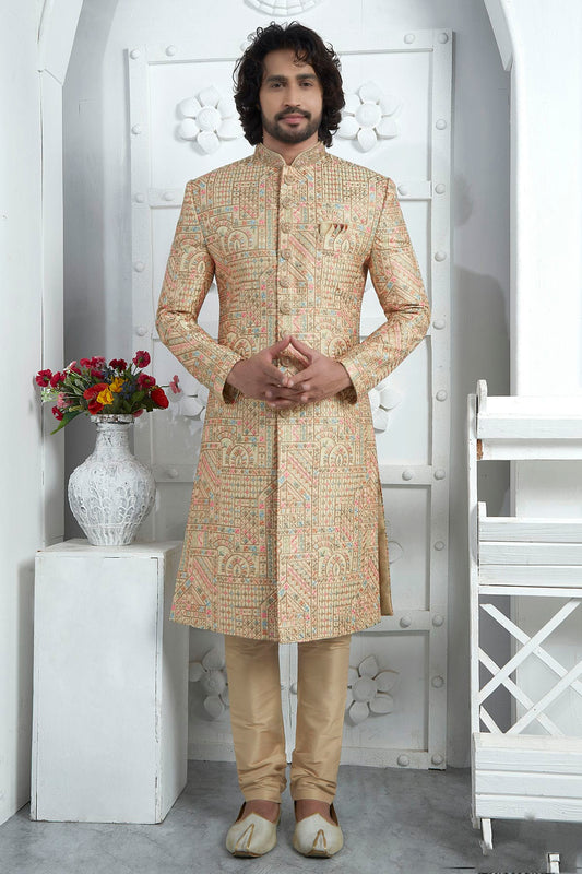 Gold Colour Art Silk Sherwani With Churidar Pant