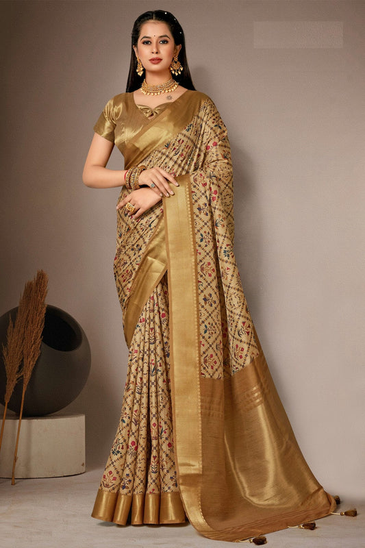 Gold Colour Bhagalpuri Silk Printed Saree