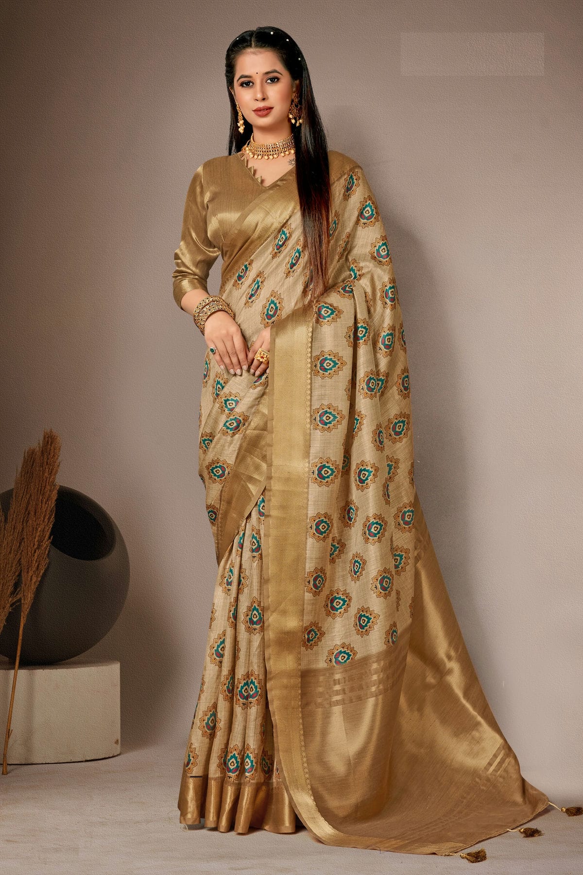 Gold Colour Bhagalpuri Silk Printed Saree