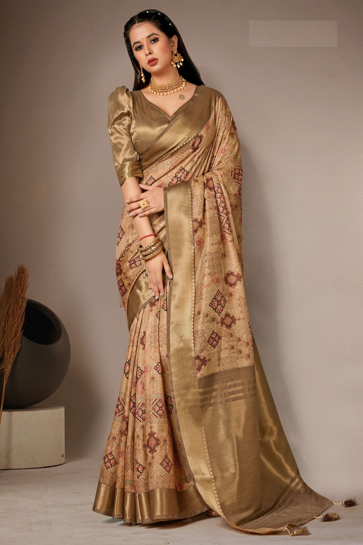 Gold Colour Bhagalpuri Silk Printed Saree