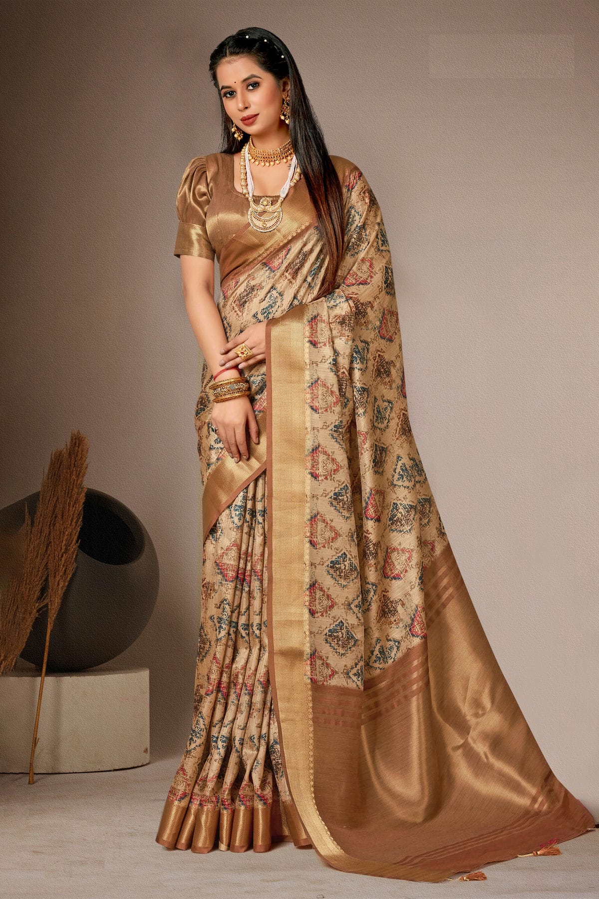 Gold Colour Bhagalpuri Silk Printed Saree