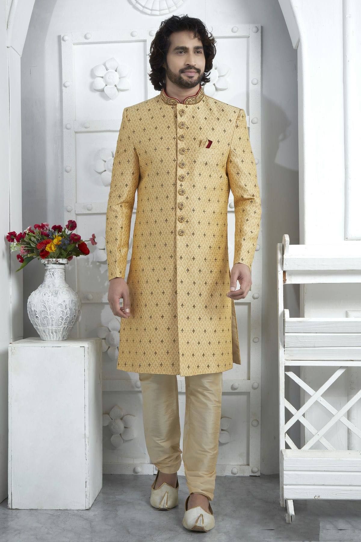 Gold Colour Georgette Sherwani With Churidar Pant