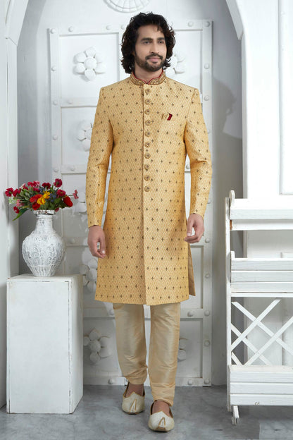 Gold Colour Georgette Sherwani With Churidar Pant